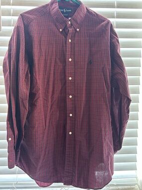 Ralph Lauren Men’s Burgundy and Green Plaid Button-Down Shirt